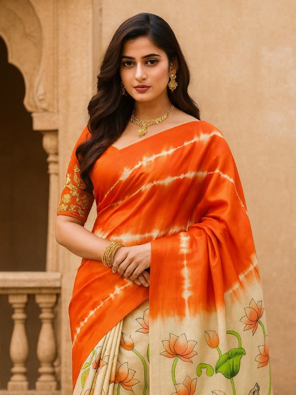 Pure Tussar Silk Saree with Shivori & Kalamkari Hand Paint - Orange