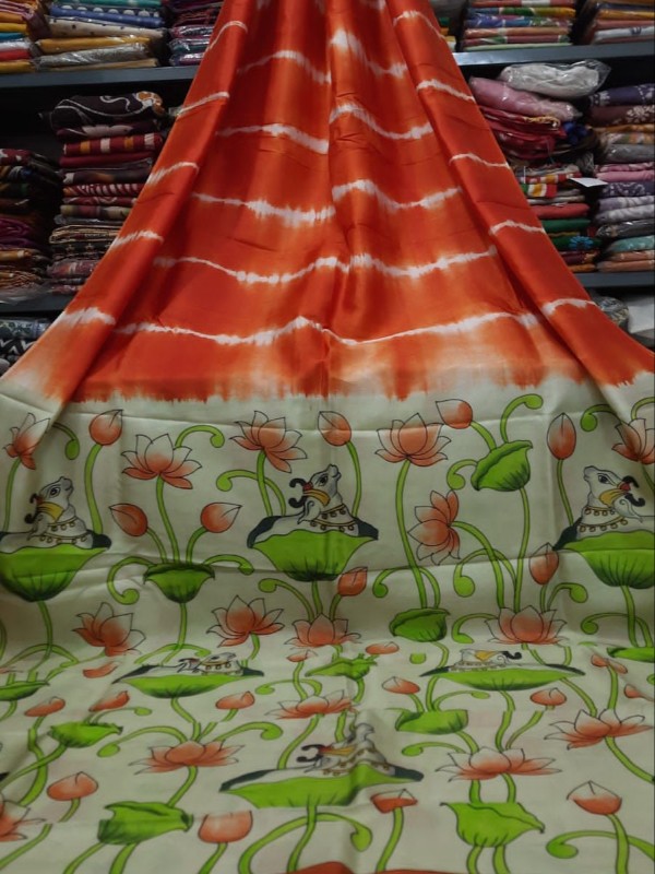 Pure Tussar Silk Saree with Shivori & Kalamkari Hand Paint - Orange