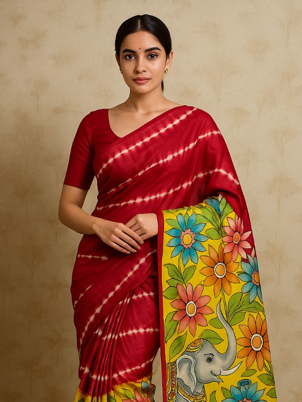 Pure Tussar Silk Saree with Shivori & Kalamkari Hand Paint - Red