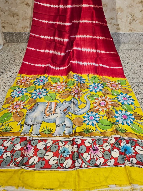 Pure Tussar Silk Saree with Shivori & Kalamkari Hand Paint - Red