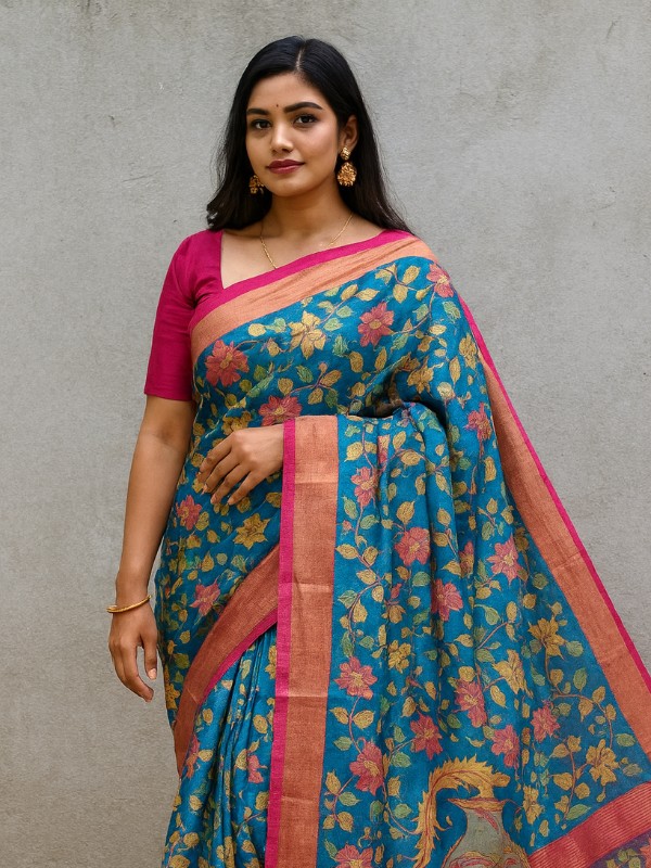 Bishnupuri Hand Painted Kalamkari Silk Saree