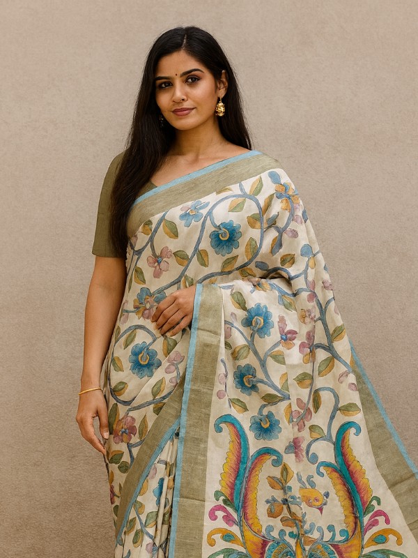 Bishnupuri Hand Painted Kalamkari Silk Saree