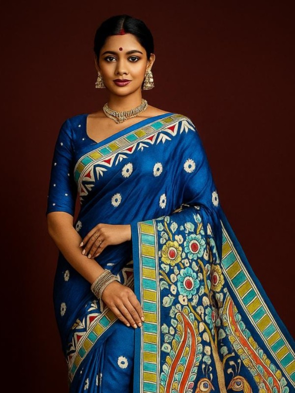 Bishnupuri Hand Painted Kalamkari Silk Saree