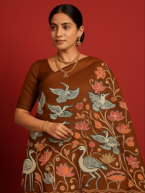 Pure Tussar Silk Saree with Kantha Stitch