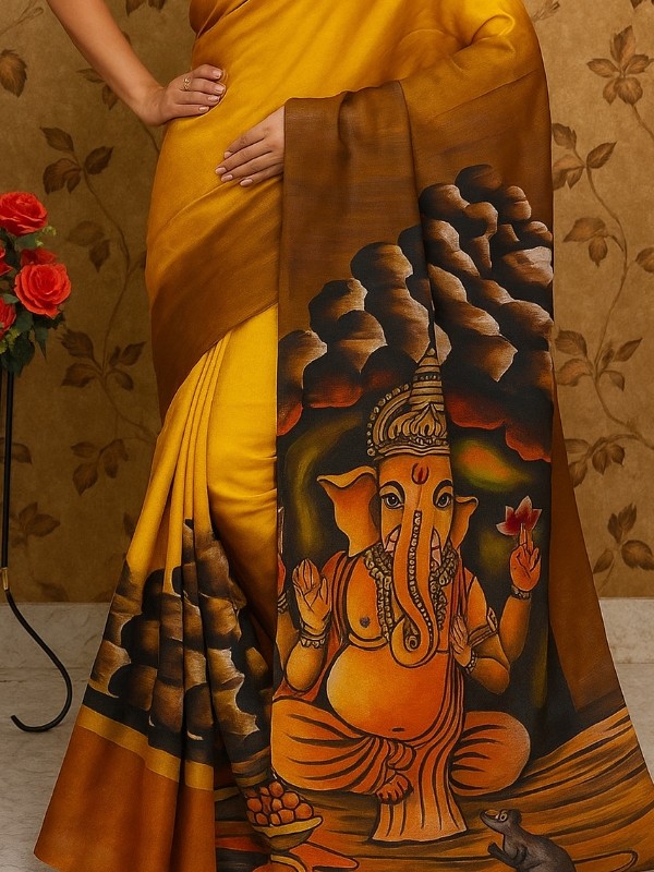 Bishnupuri Hand Painted Kalamkari Silk Saree