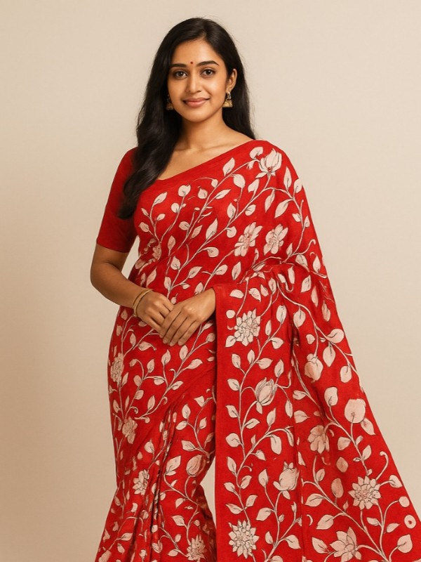 Bishnupuri Hand Painted Kalamkari Silk Saree - Red