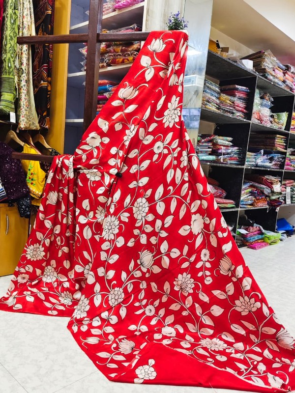 Bishnupuri Hand Painted Kalamkari Silk Saree - Red