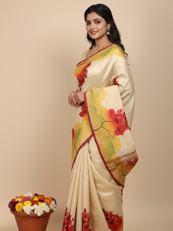 Bishnupuri Hand Painted Kalamkari Silk Saree