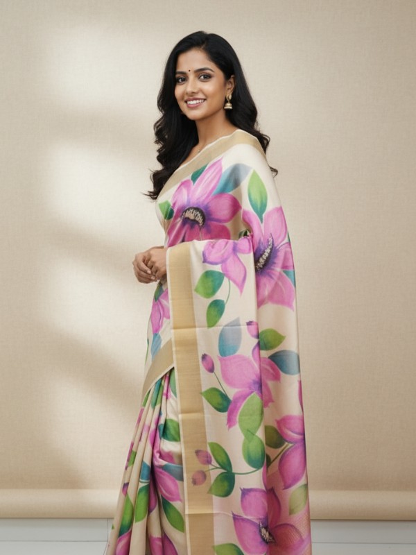 Zari border Tussar hand painted Silk saree