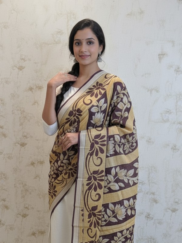 Hand painted pen kalamkari tussar dupatta