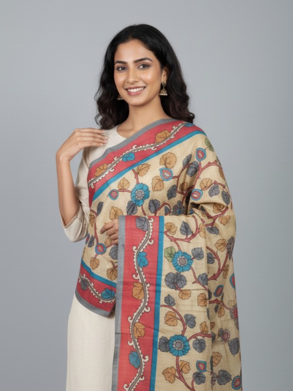 Hand painted pen kalamkari tussar dupatta