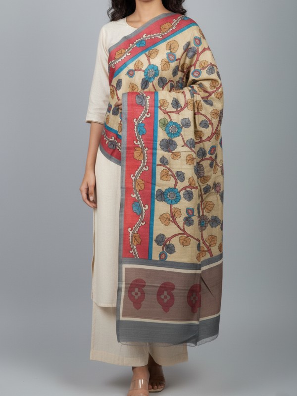 Hand painted pen kalamkari tussar dupatta