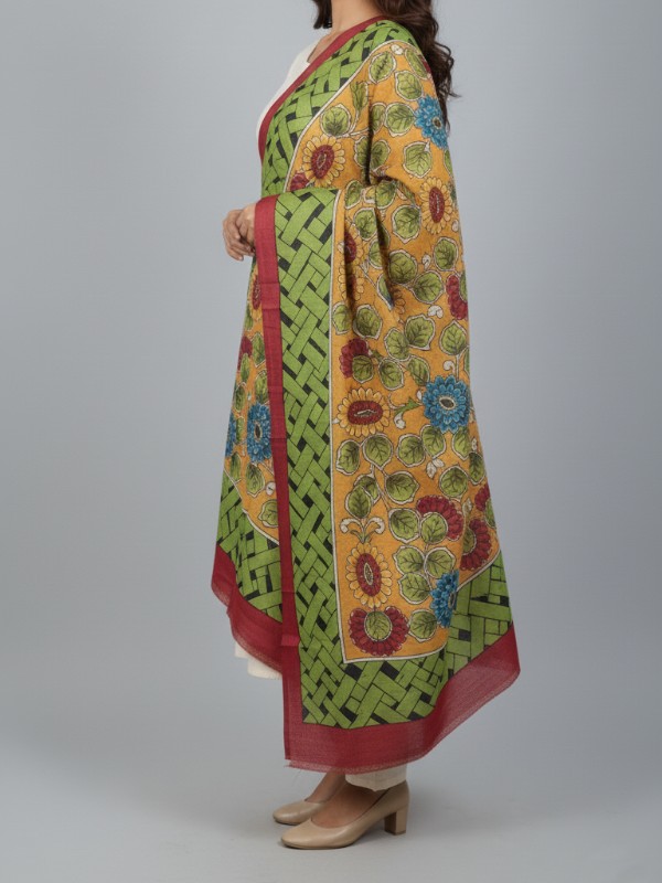 Hand painted pen kalamkari tussar dupatta