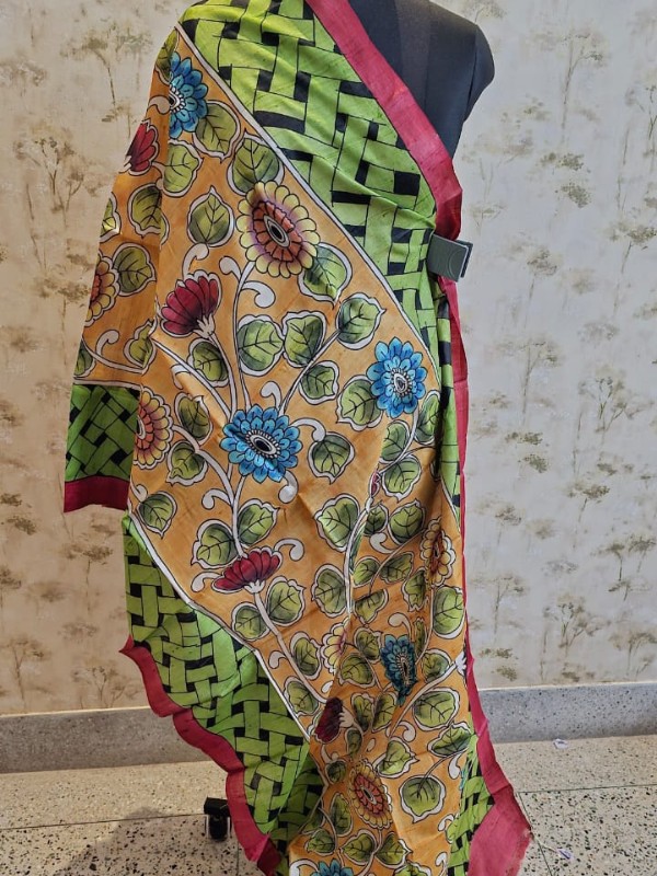 Hand painted pen kalamkari tussar dupatta