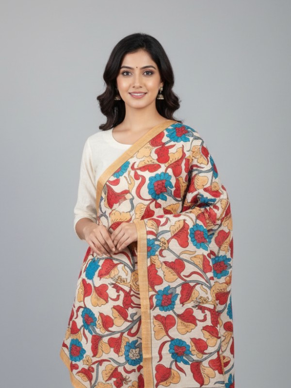 Hand painted pen kalamkari tussar dupatta