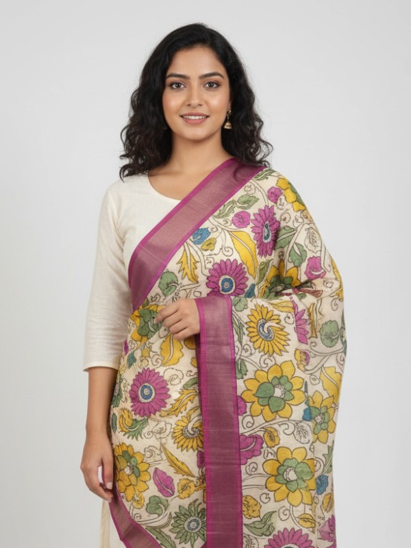 Kalamkari Hand Painted Tussar dupatta