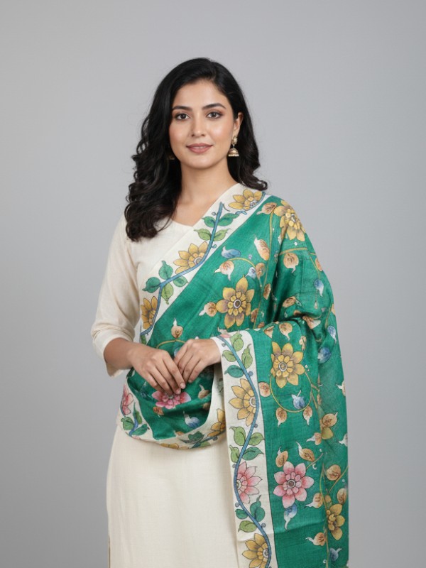 Kalamkari Hand Painted Tussar dupatta