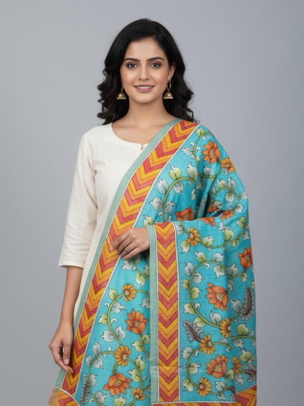 Kalamkari Hand Painted Tussar dupatta