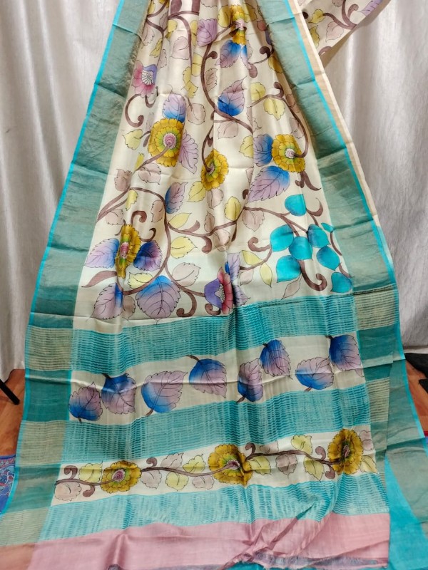 Zari border Tussar hand painted Silk saree