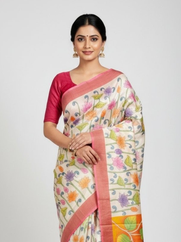 Zari border Tussar hand painted Silk saree