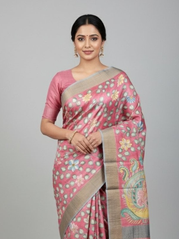 Zari border Tussar hand painted Silk saree