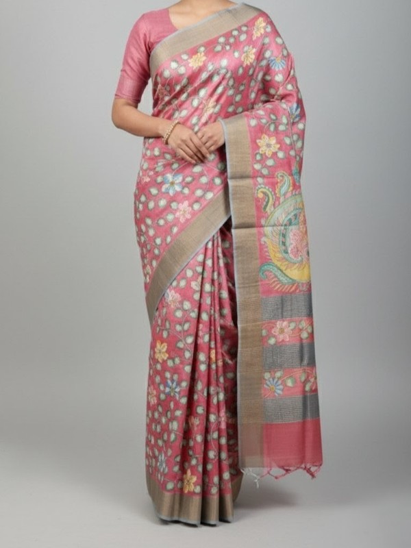 Zari border Tussar hand painted Silk saree
