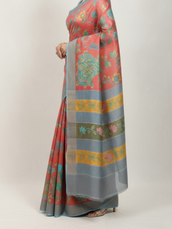 Zari border Tussar hand painted Silk saree