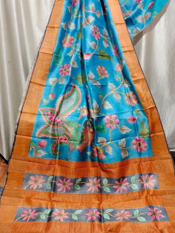 Zari border Tussar hand painted Silk saree