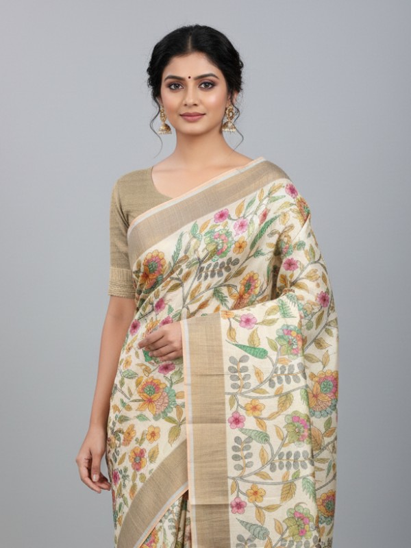 Zari border Tussar hand painted Silk saree