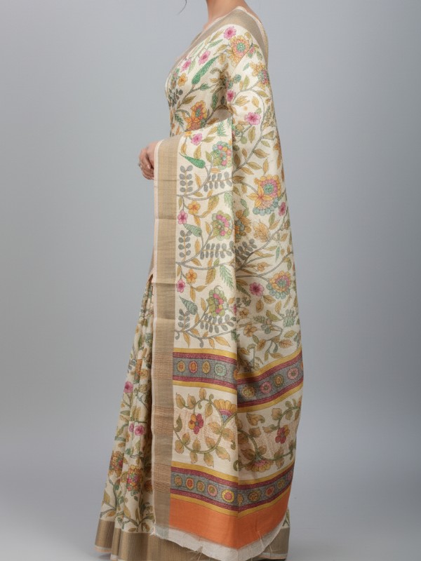 Zari border Tussar hand painted Silk saree