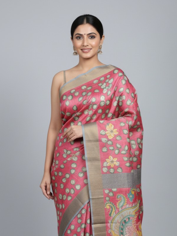 Zari border Tussar hand painted Silk saree