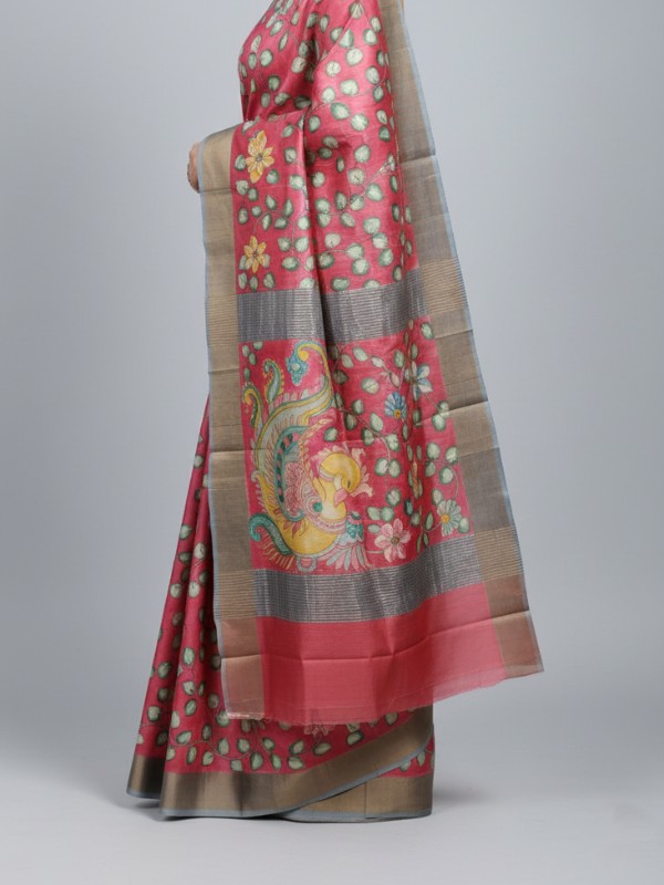 Zari border Tussar hand painted Silk saree