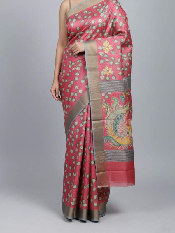 Zari border Tussar hand painted Silk saree
