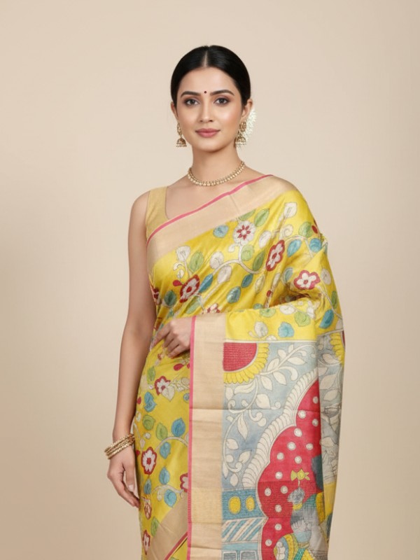 Zari border Tussar hand painted Silk saree