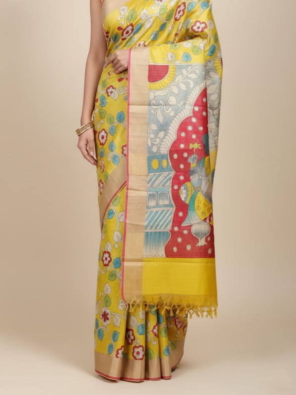 Zari border Tussar hand painted Silk saree