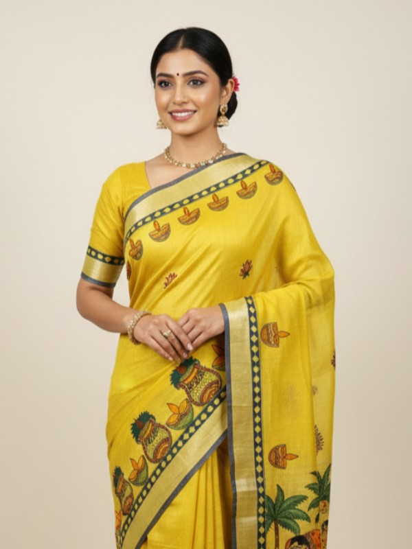 Pure Linen Hand Painted Madhubani Saree