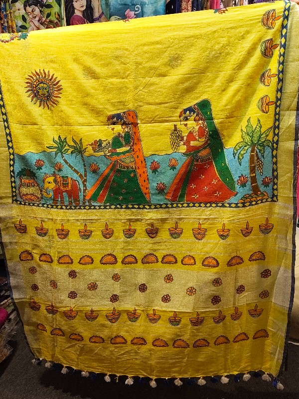 Pure Linen Hand Painted Madhubani Saree
