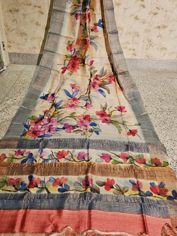 Zari border Tussar hand painted Silk saree