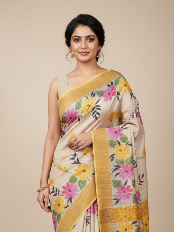 Zari border Tussar hand painted Silk saree