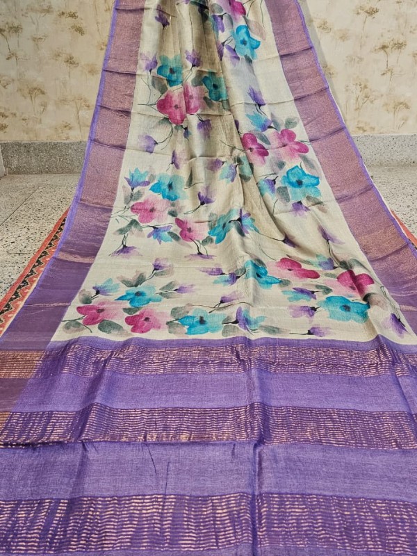 Zari border Tussar hand painted Silk saree