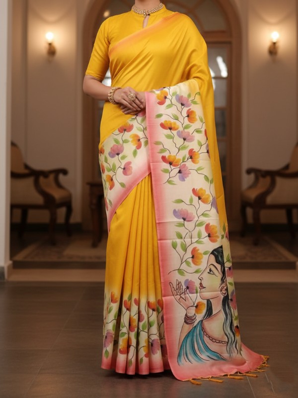Zari border Tussar hand painted Silk saree