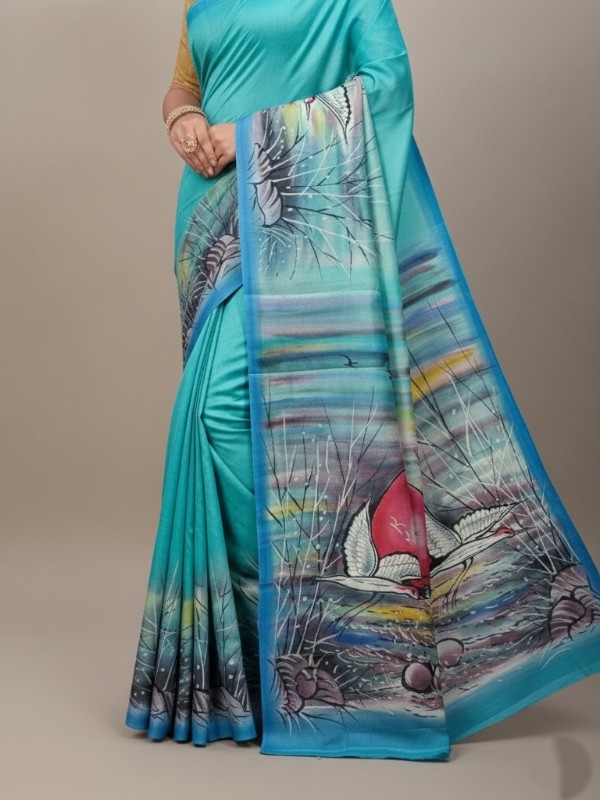 Zari border Tussar hand painted Silk saree