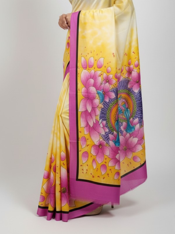 Zari border Tussar hand painted Silk saree