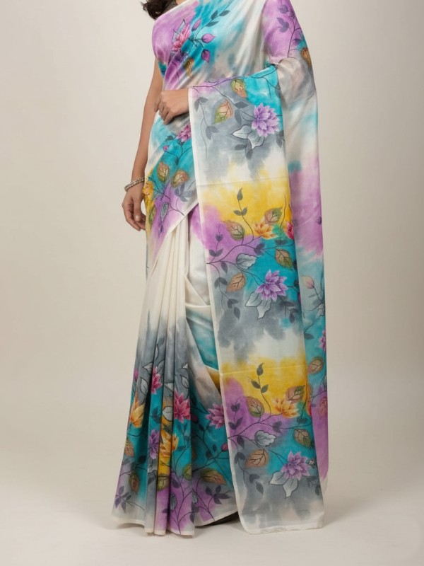 Zari border Tussar hand painted Silk saree