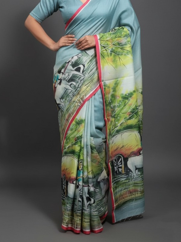 Zari border Tussar hand painted Silk saree