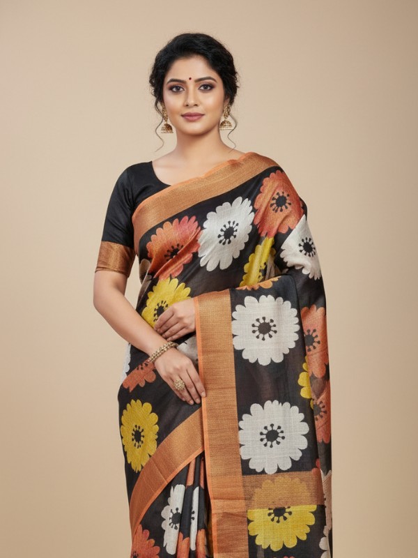 Zari border Tussar hand painted Silk saree