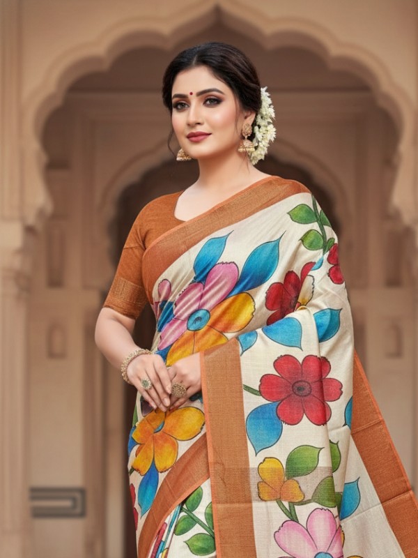 Zari border Tussar hand painted Silk saree