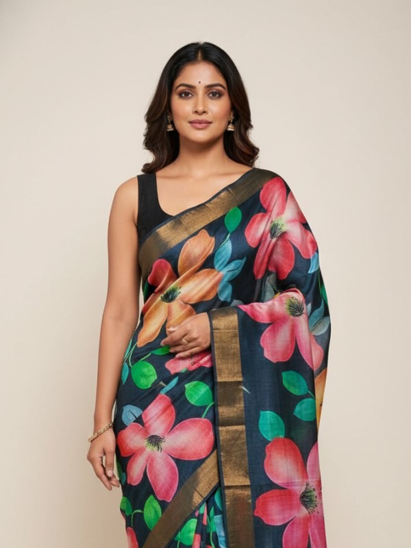 Zari border Tussar hand painted Silk saree