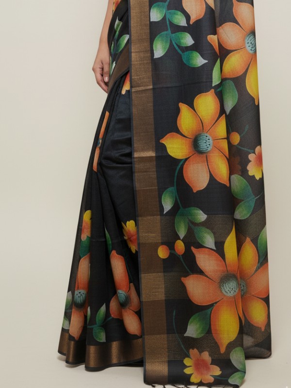 Zari border Tussar hand painted Silk saree