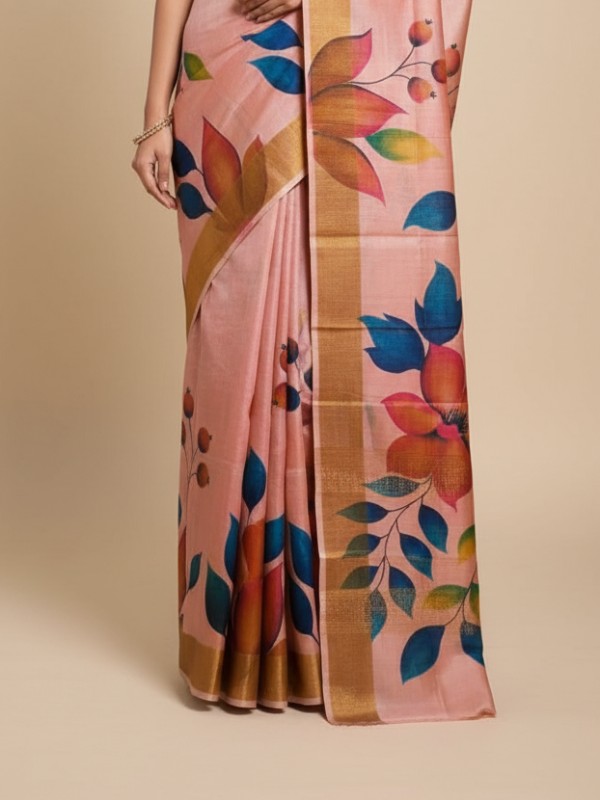 Zari border Tussar hand painted Silk saree